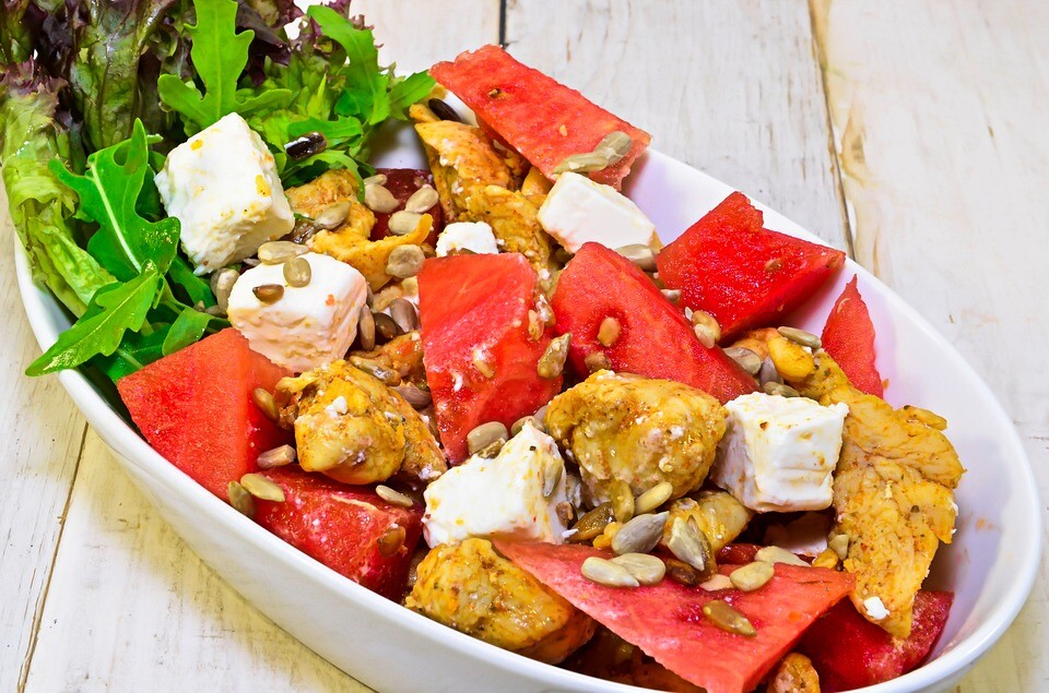 Italian Market Watermelon Chicken Salad with Sunflower Seeds and Feta